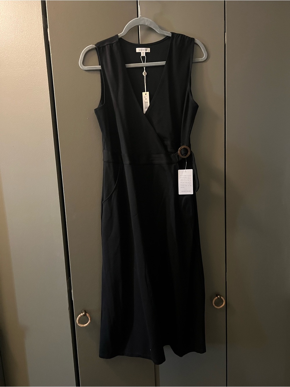 Max Studio Black Sleeveless Midi Wrap Dress with Side Buckle